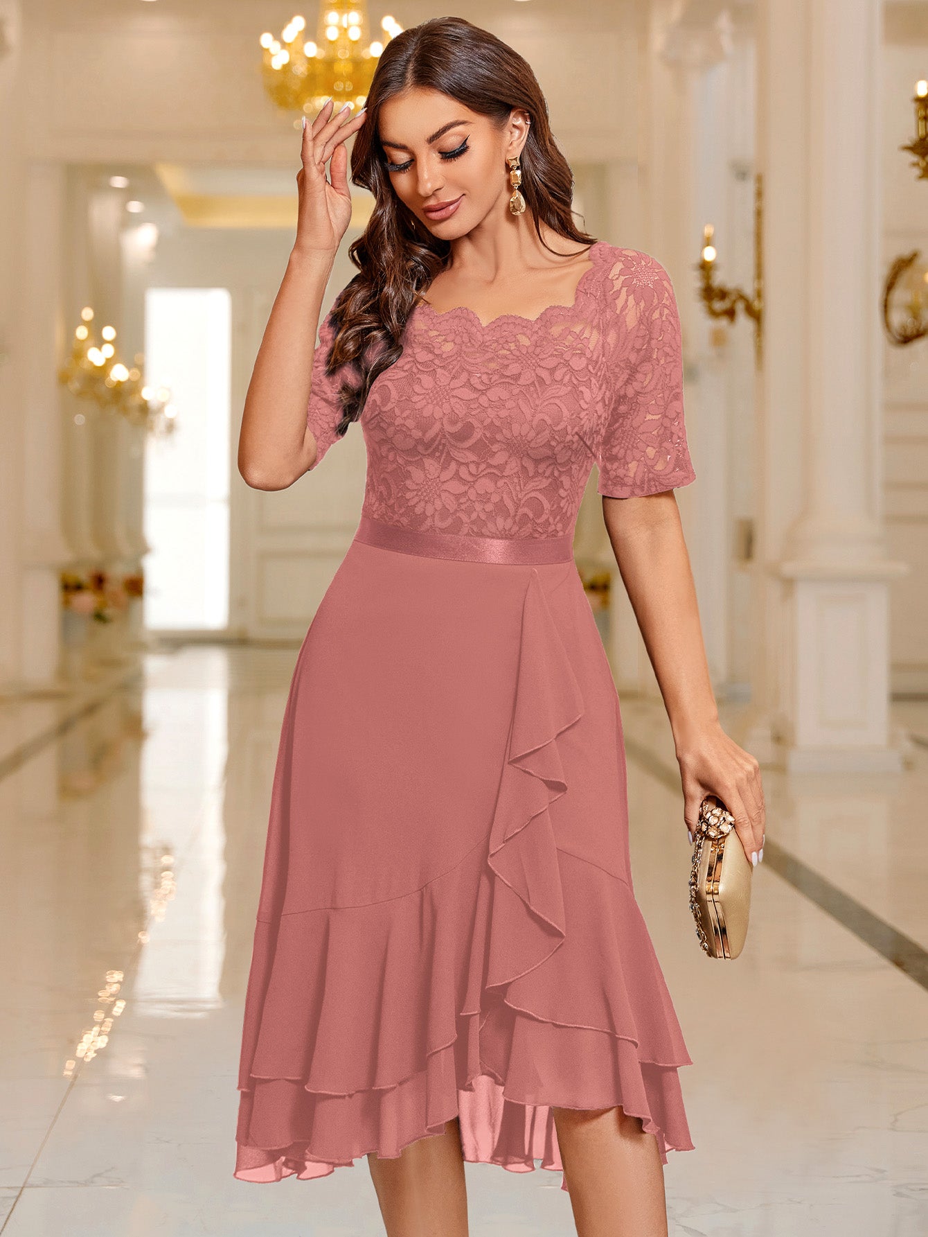 Floral Lace Boat Neck Cocktail Party Dress with Ruffle Hem – Miusol