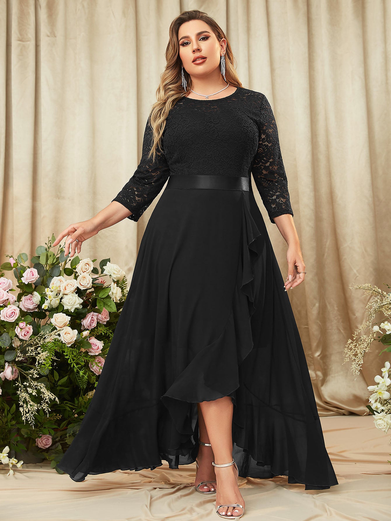 Plus Size Floral Lace Ruffle Trim Maxi Dress, Scoop Neck for Bridesmai Miusol Plus Size Floral Lace Ruffle Trim Maxi Dress, Scoop Neck for Bridesmai Miusol