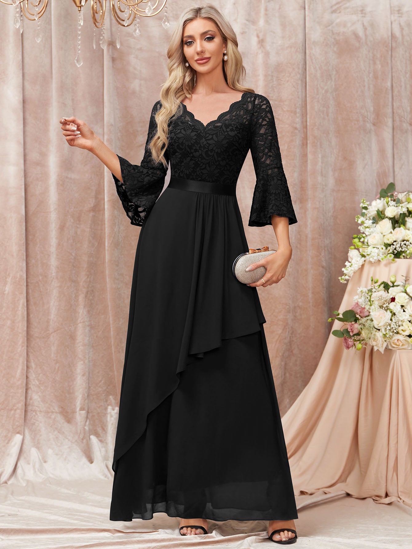 V-Neck Floral Lace Flare Sleeve Chiffon Ruffle Formal Maxi Dress