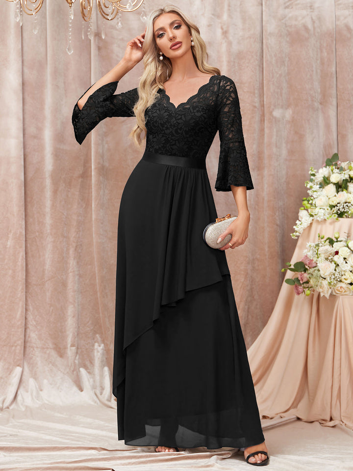 V-Neck Floral Lace Flare Sleeve Chiffon Ruffle Formal Maxi Dress Miusol V-Neck Floral Lace Flare Sleeve Chiffon Ruffle Formal Maxi Dress Miusol