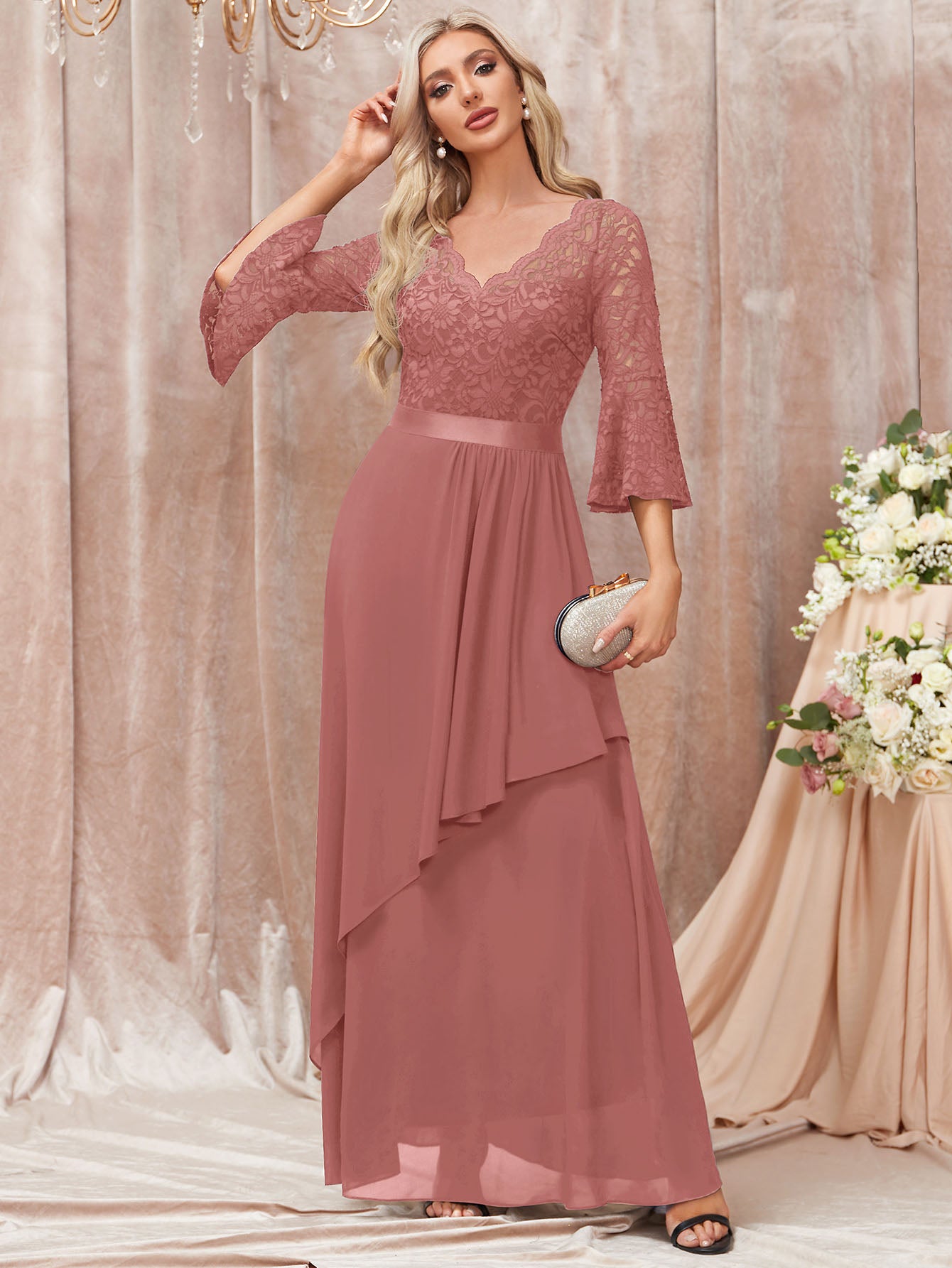 V-Neck Floral Lace Flare Sleeve Chiffon Ruffle Formal Maxi Dress