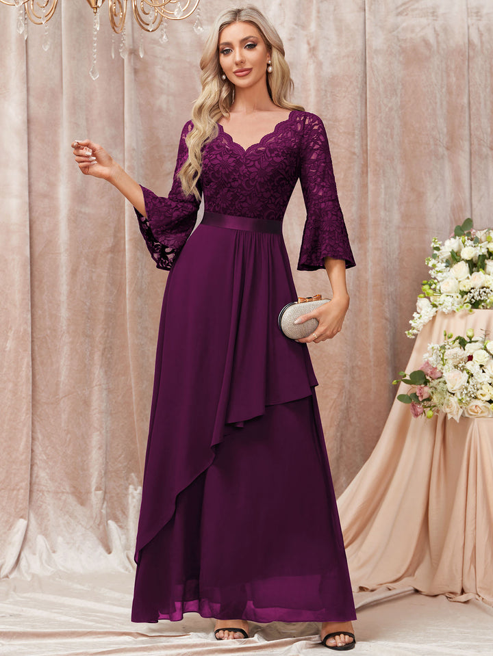 V-Neck Floral Lace Flare Sleeve Chiffon Ruffle Formal Maxi Dress Miusol V-Neck Floral Lace Flare Sleeve Chiffon Ruffle Formal Maxi Dress Miusol