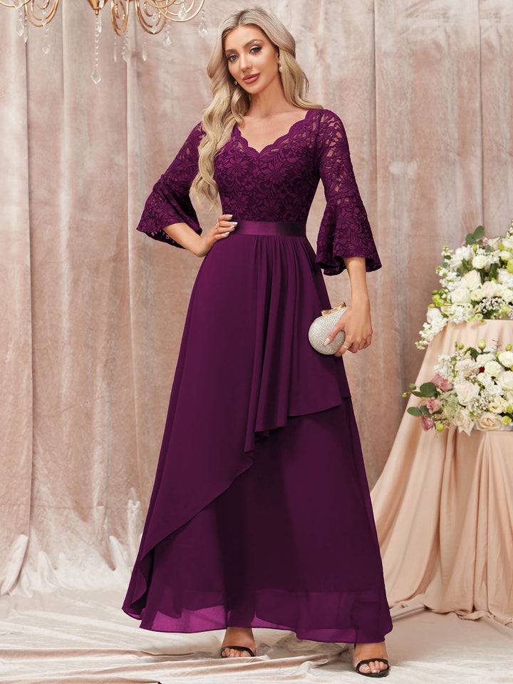 V-Neck Floral Lace Flare Sleeve Chiffon Ruffle Formal Maxi Dress Miusol V-Neck Floral Lace Flare Sleeve Chiffon Ruffle Formal Maxi Dress Miusol