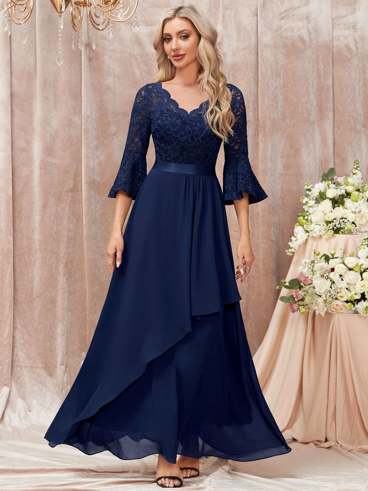 V-Neck Floral Lace Flare Sleeve Chiffon Ruffle Formal Maxi Dress – Miusol