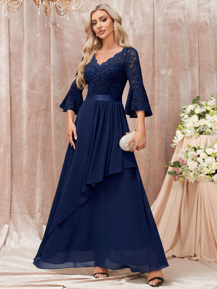 V-Neck Floral Lace Flare Sleeve Chiffon Ruffle Formal Maxi Dress Miusol V-Neck Floral Lace Flare Sleeve Chiffon Ruffle Formal Maxi Dress Miusol