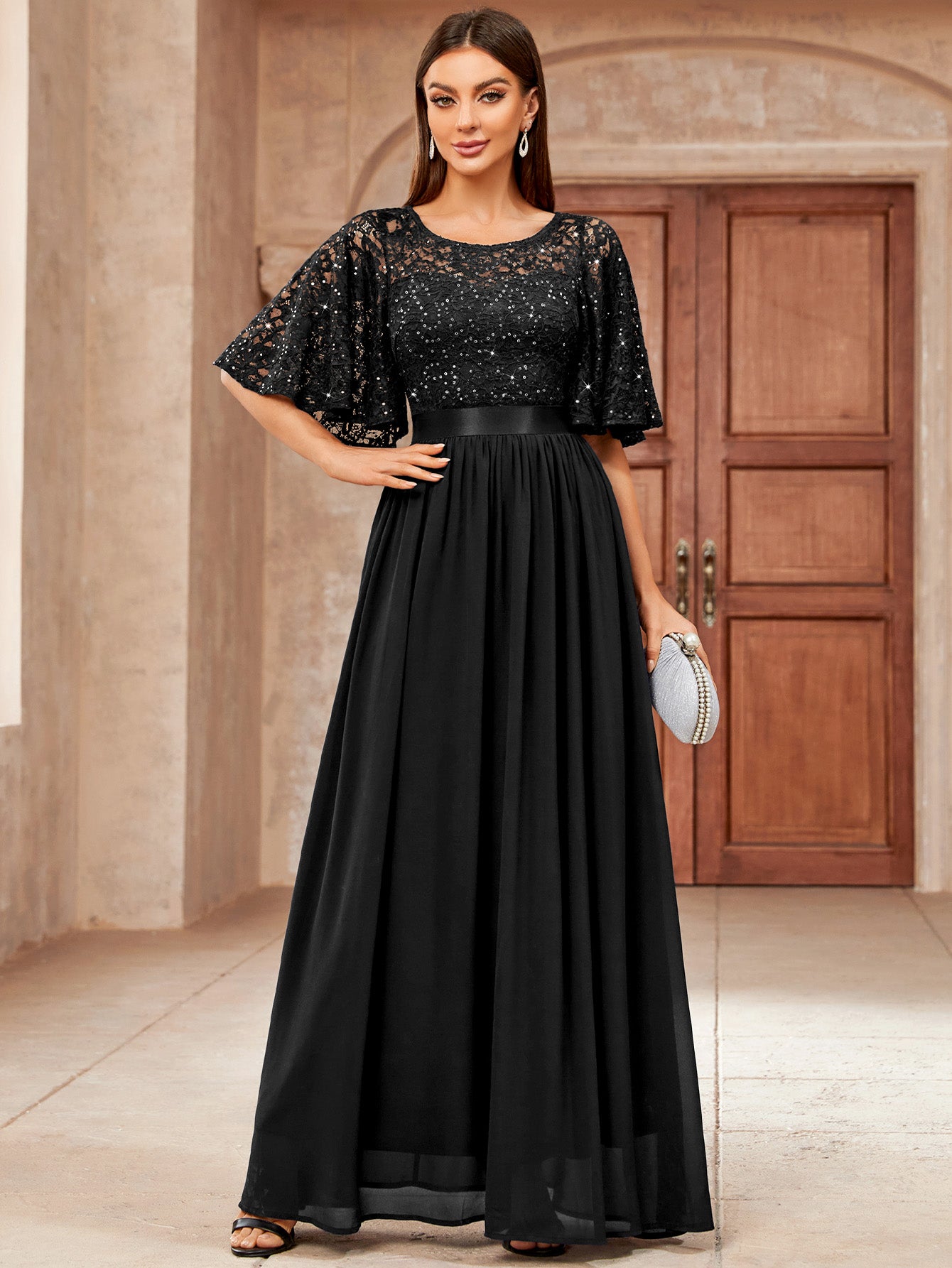 Elegant Sequin Floral Lace Butterfly Sleeve Formal Evening Maxi Dress ...