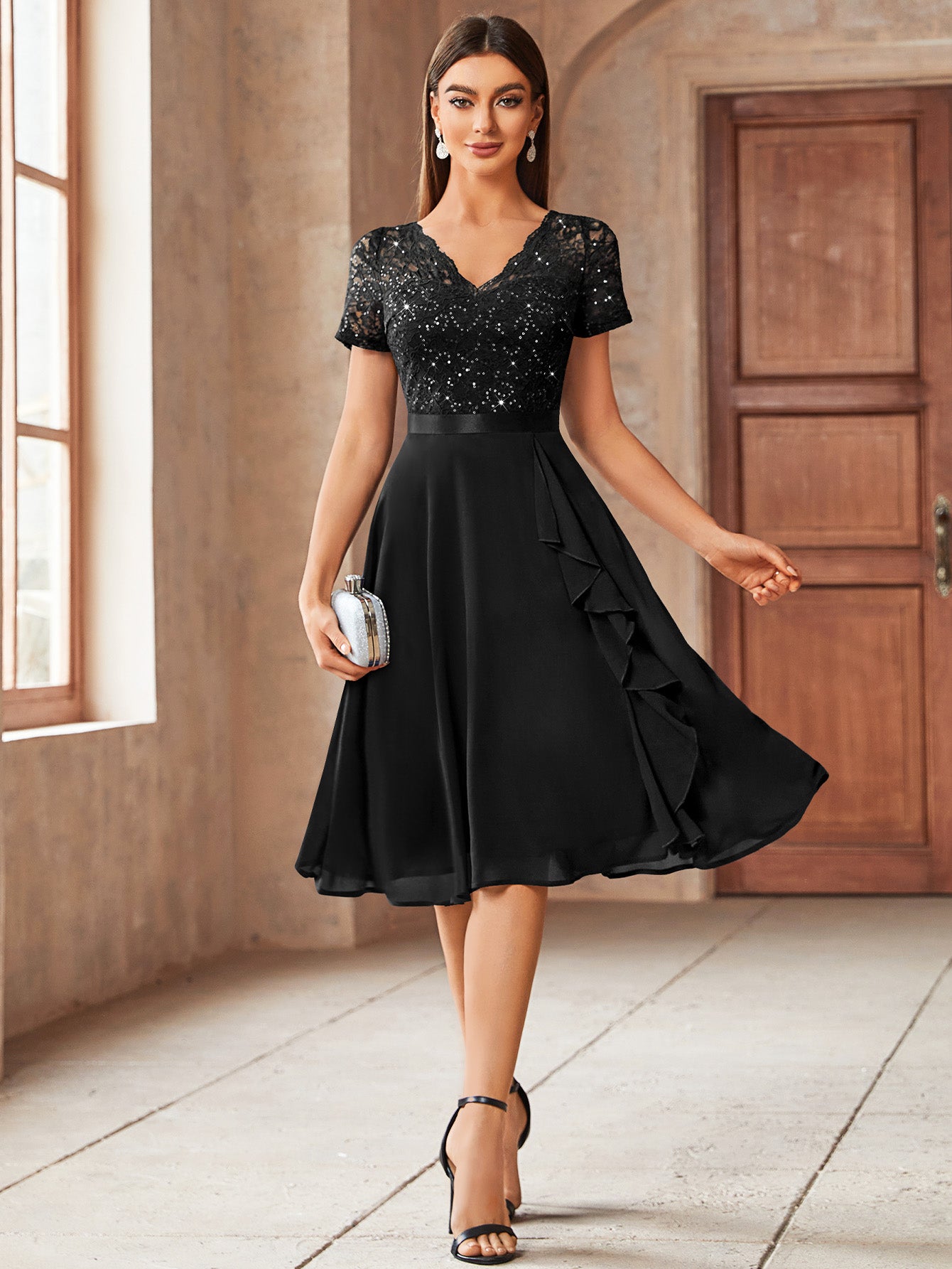 V-Neck Contrast Lace Sequin Ruffle Trim Chiffon Cocktail Party