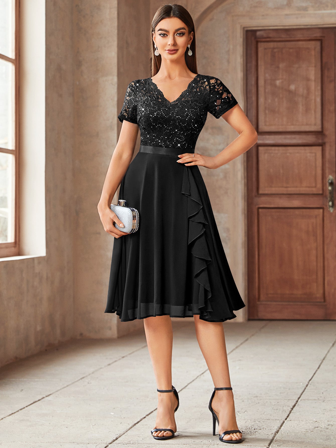 V-Neck Contrast Lace Sequin Ruffle Trim Chiffon Cocktail Party