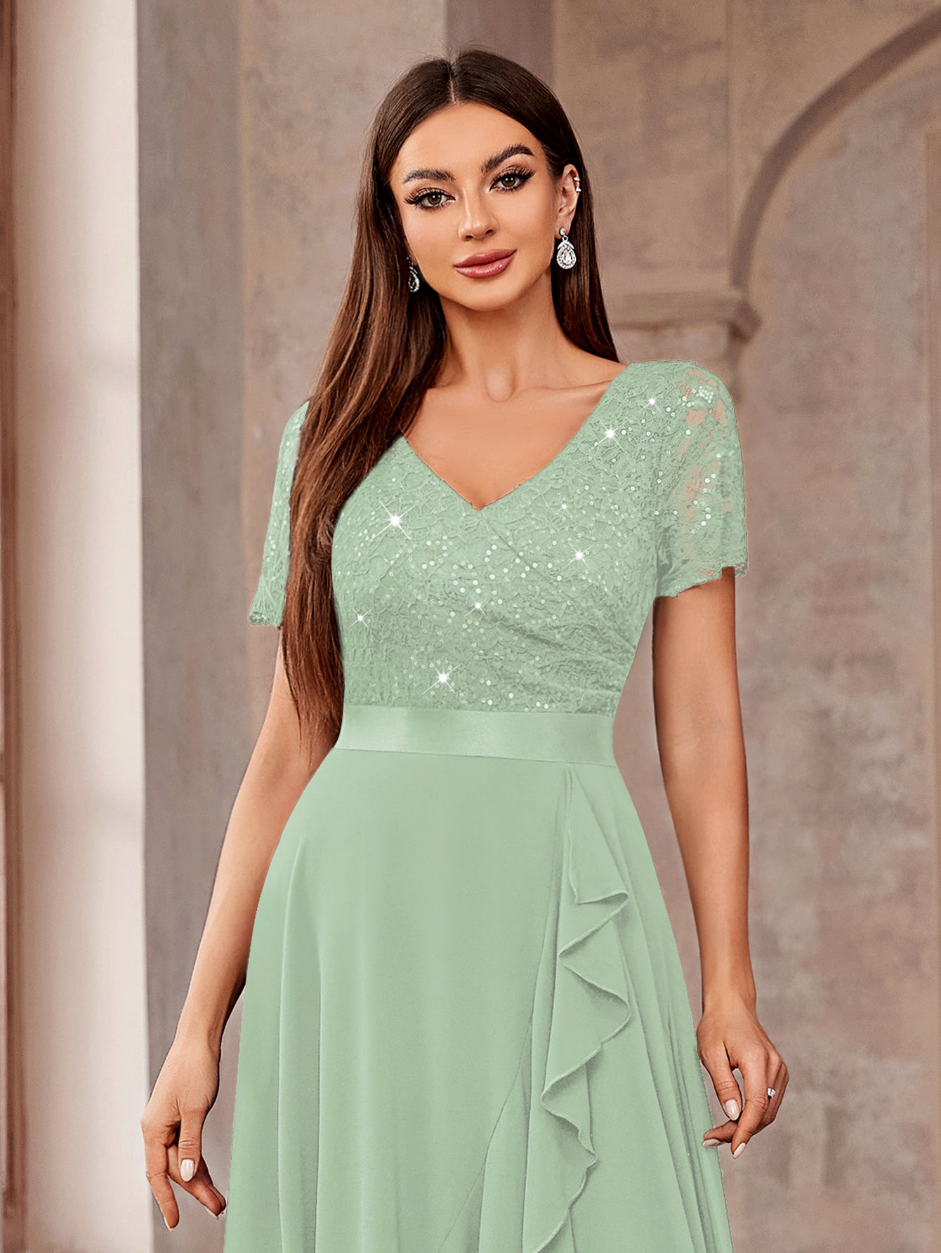 Elegant V-Neck Sequin Floral Lace Ruffle Trim High-Low Hem Formal