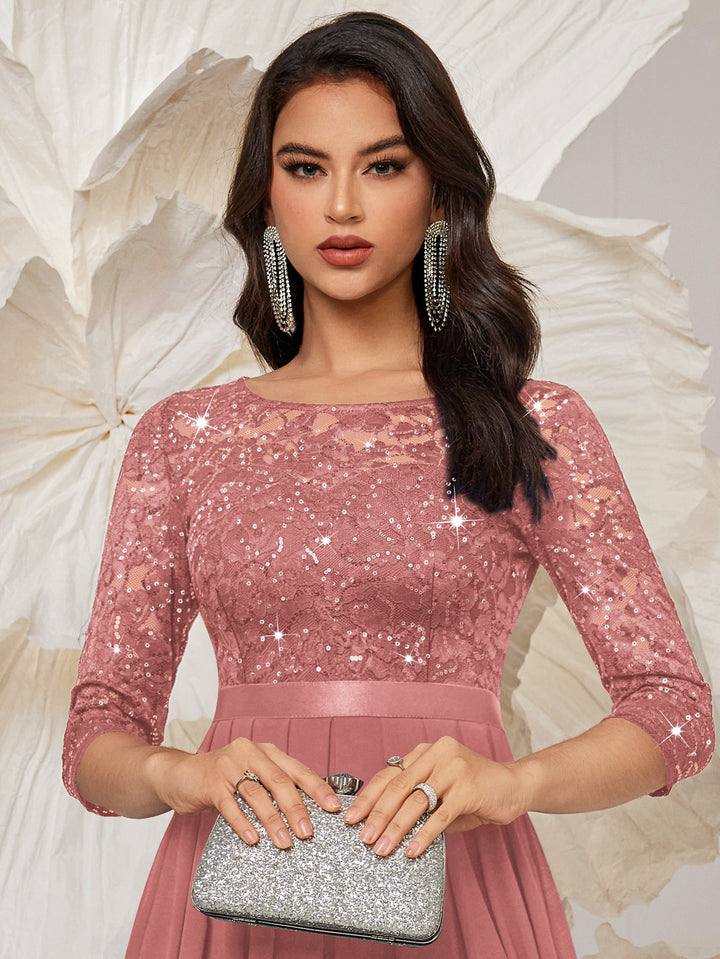 Elegant Sequin Floral Lace 3/4 Sleeve Pleated Hem Chiffon Formal Party Miusol Elegant Sequin Floral Lace 3/4 Sleeve Pleated Hem Chiffon Formal Party Miusol