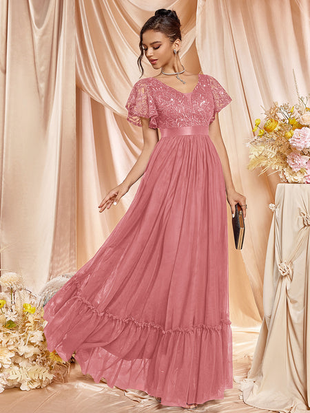 lace mesh dress Deep V-Neck Sequin Lace Mesh Ruffle Sleeve Evening Party Maxi Dress – Miusol