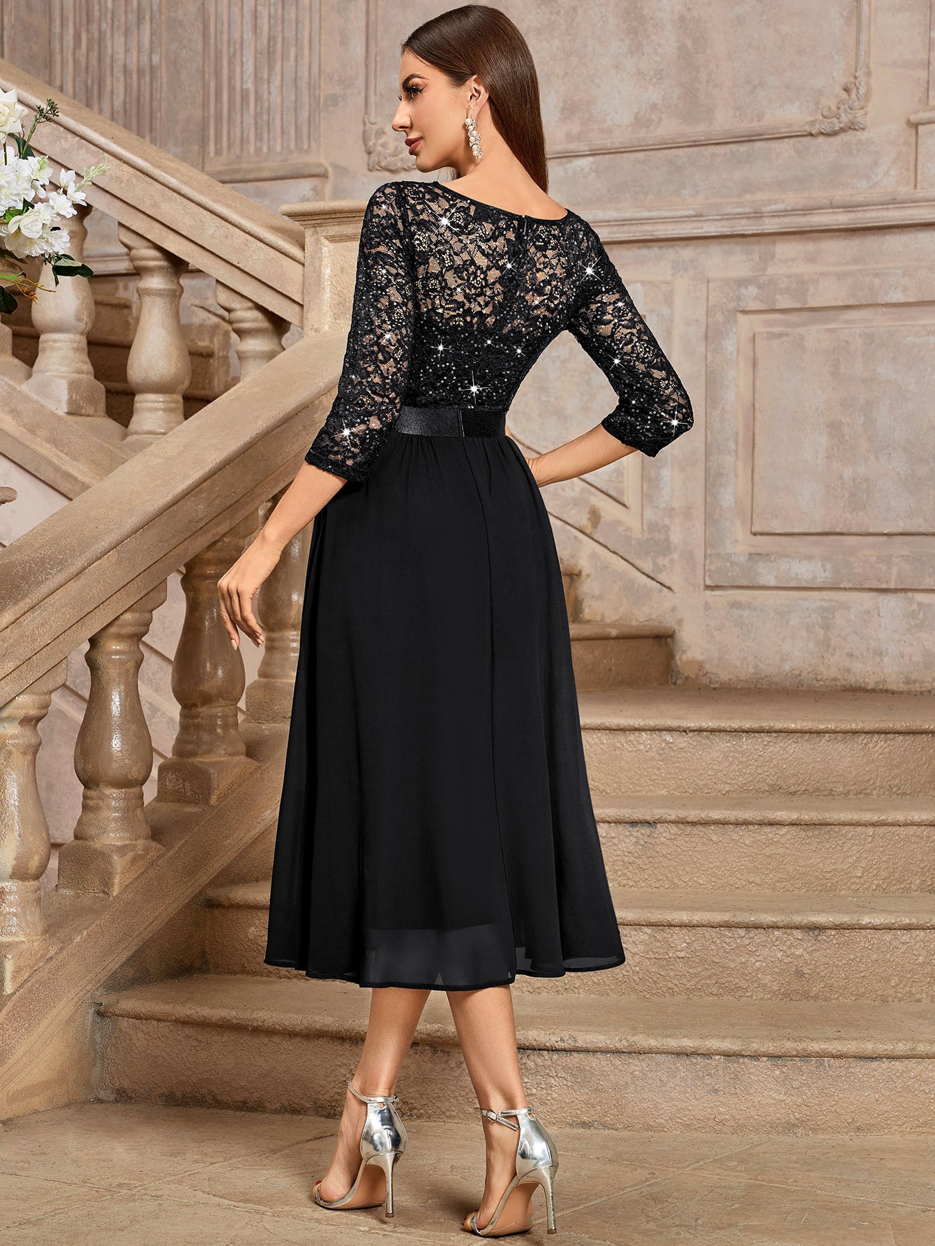 Classy V-Neck Sequin Lace Sleeve Bridesmaid Party A-line Cocktail