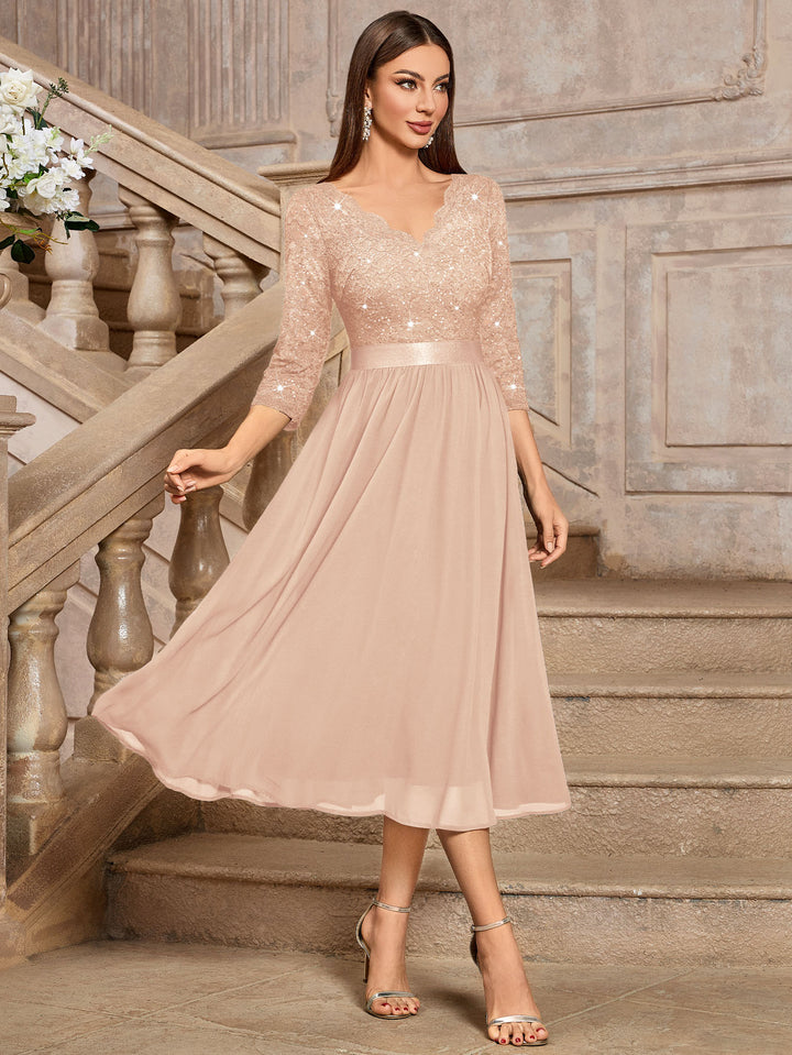 Classy V-Neck Sequin Lace Sleeve Bridesmaid Party A-line Cocktail Part – Miusol