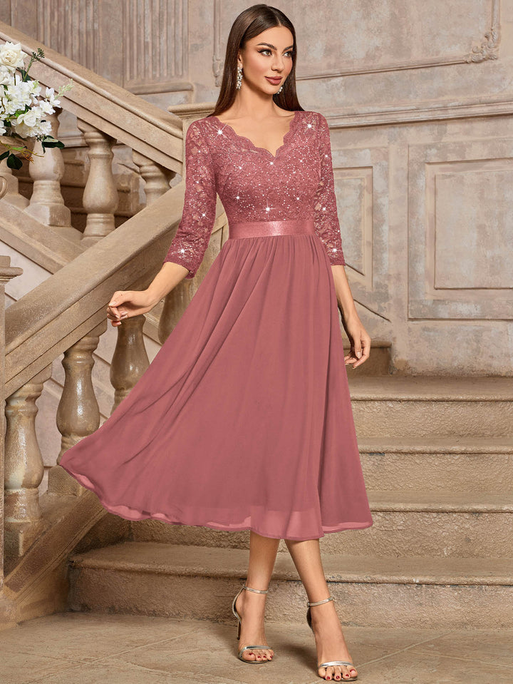Classy V-Neck Sequin Lace Sleeve Bridesmaid Party A-line Cocktail Part – Miusol