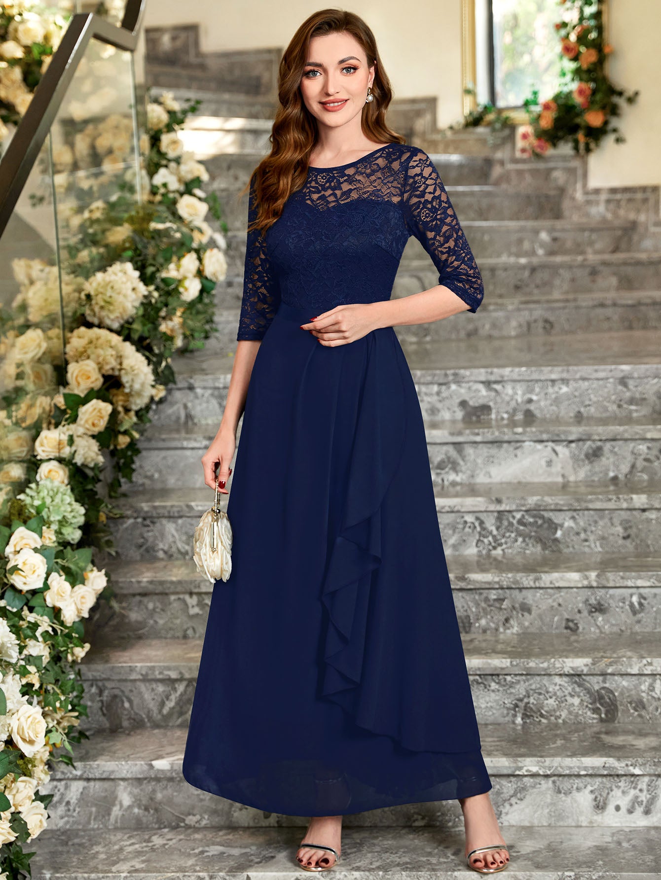 Contrast Floral Lace Chiffon Ruffle Hem Formal Party Long Dress