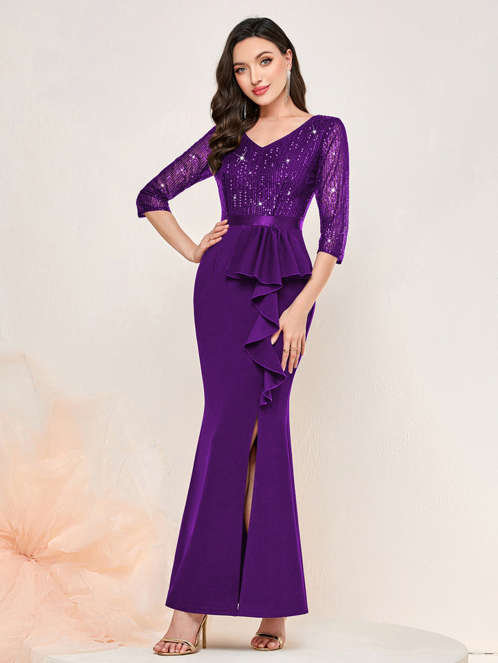 ruffle trim evening dress Open-Back Long Glitter Prom Dress with Ruffles Blue Steel / XLarge
