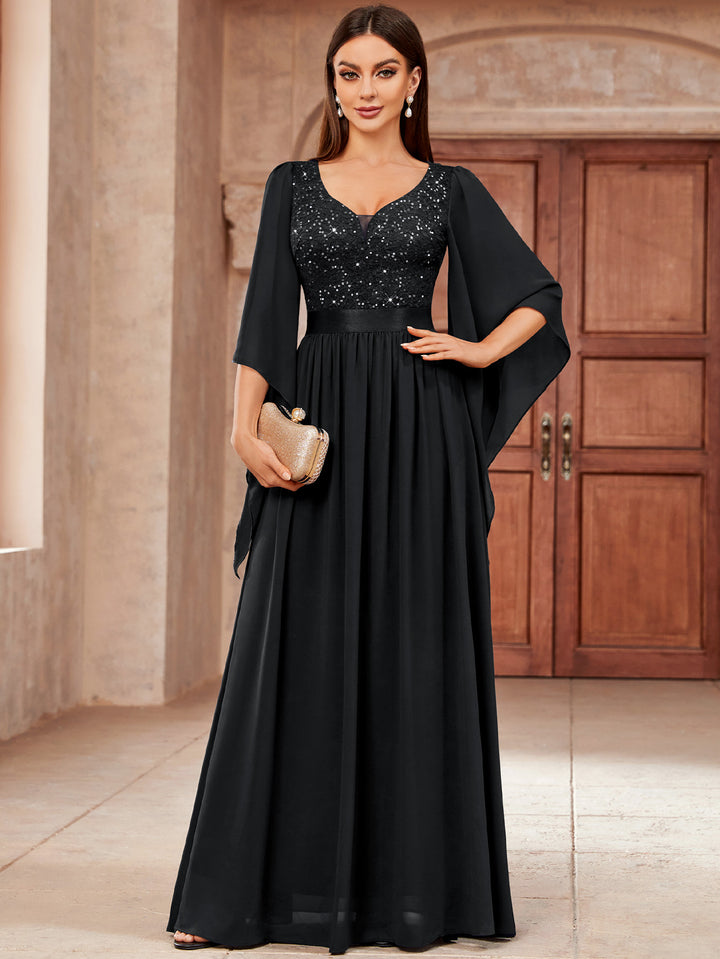 Deep-V Neck Lace Contrast Sequin 3/4 Sleeve Formal Evening Maxi Dress Miusol Deep-V Neck Lace Contrast Sequin 3/4 Sleeve Formal Evening Maxi Dress Miusol