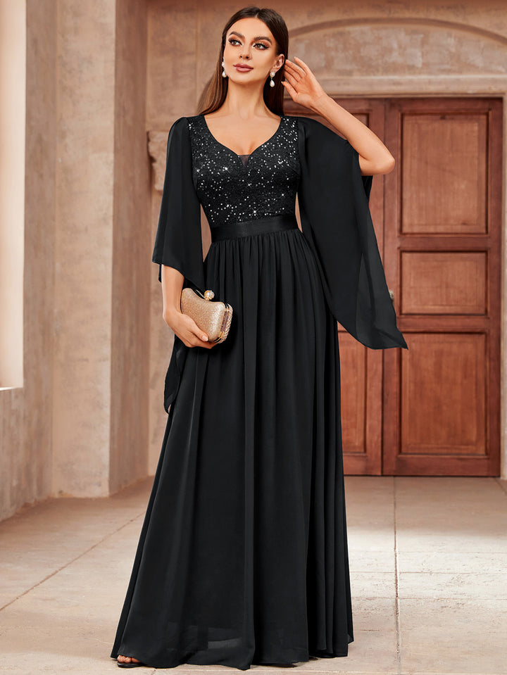 Miusol Women's Robe Miusol Deep-V Neck Lace Contrast Sequin 3/4 Sleeve Formal Evening Maxi Miusol Women's Robe Miusol Deep-V Neck Lace Contrast Sequin 3/4 Sleeve Formal Evening Maxi