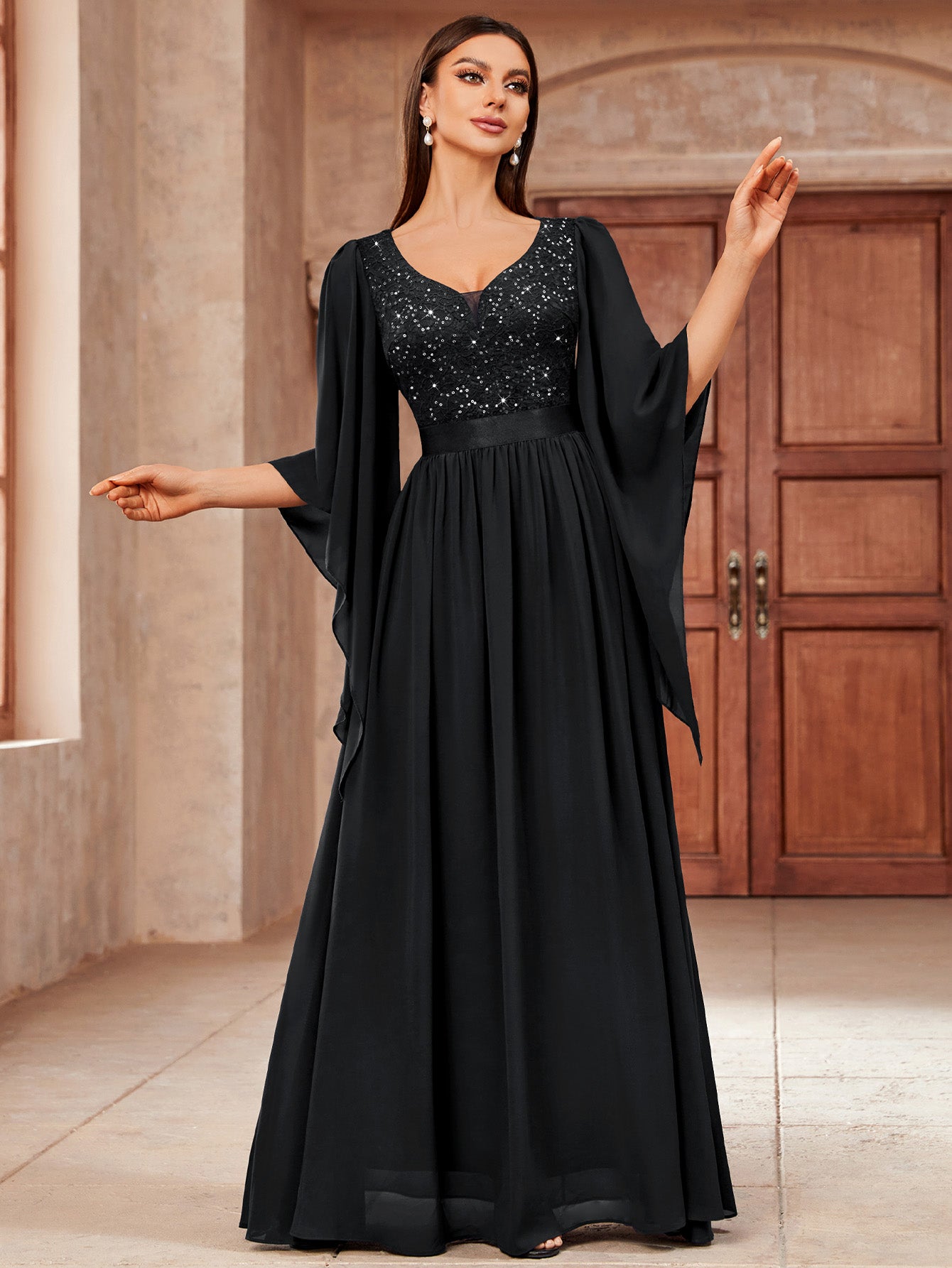 Deep-V Neck Lace Contrast Sequin 3/4 Sleeve Formal Evening Maxi