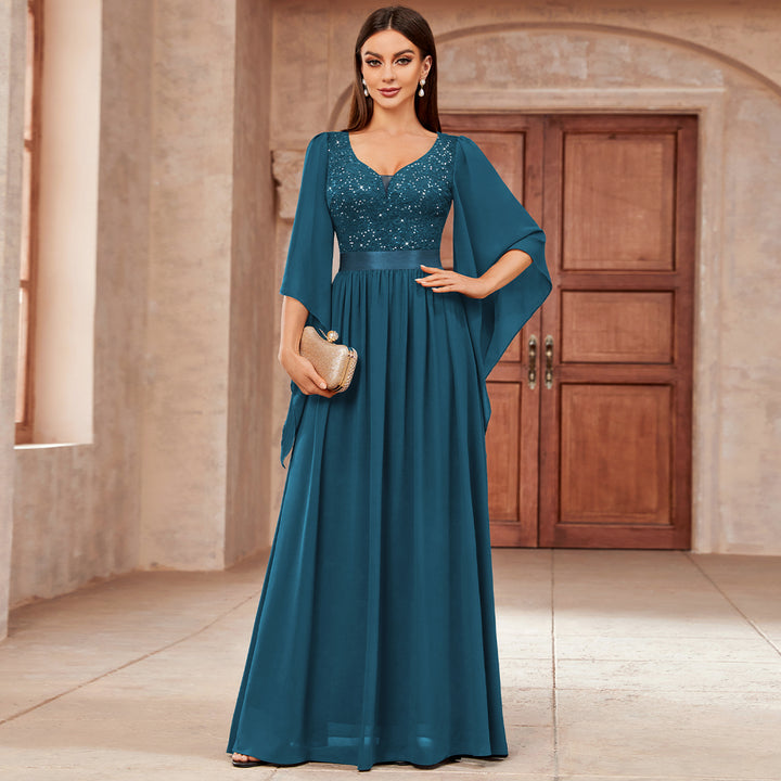 Deep-V Neck Lace Contrast Sequin 3/4 Sleeve Formal Evening Maxi Dress Miusol Deep-V Neck Lace Contrast Sequin 3/4 Sleeve Formal Evening Maxi Dress Miusol
