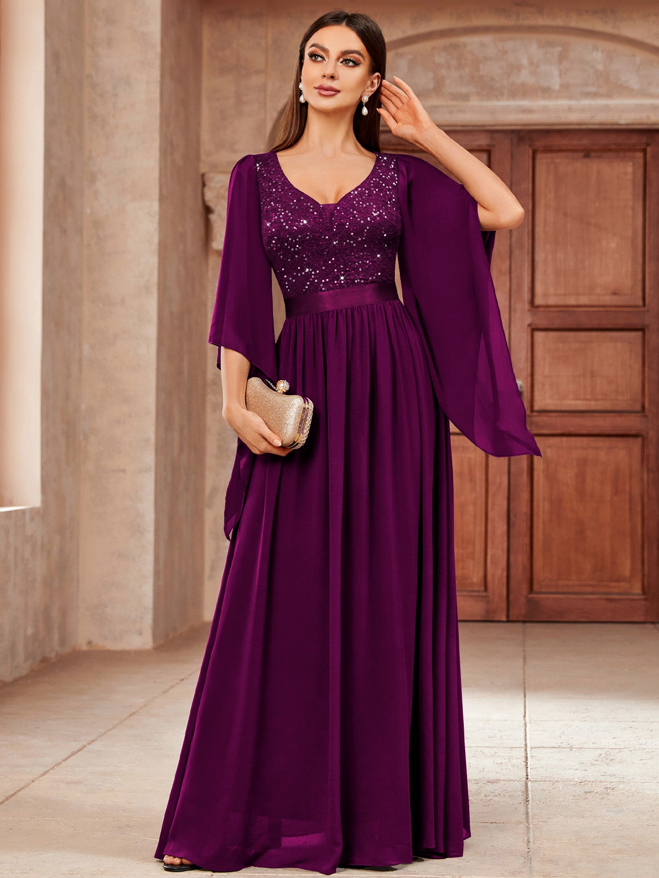 Deep-V Neck Lace Contrast Sequin 3/4 Sleeve Formal Evening Maxi