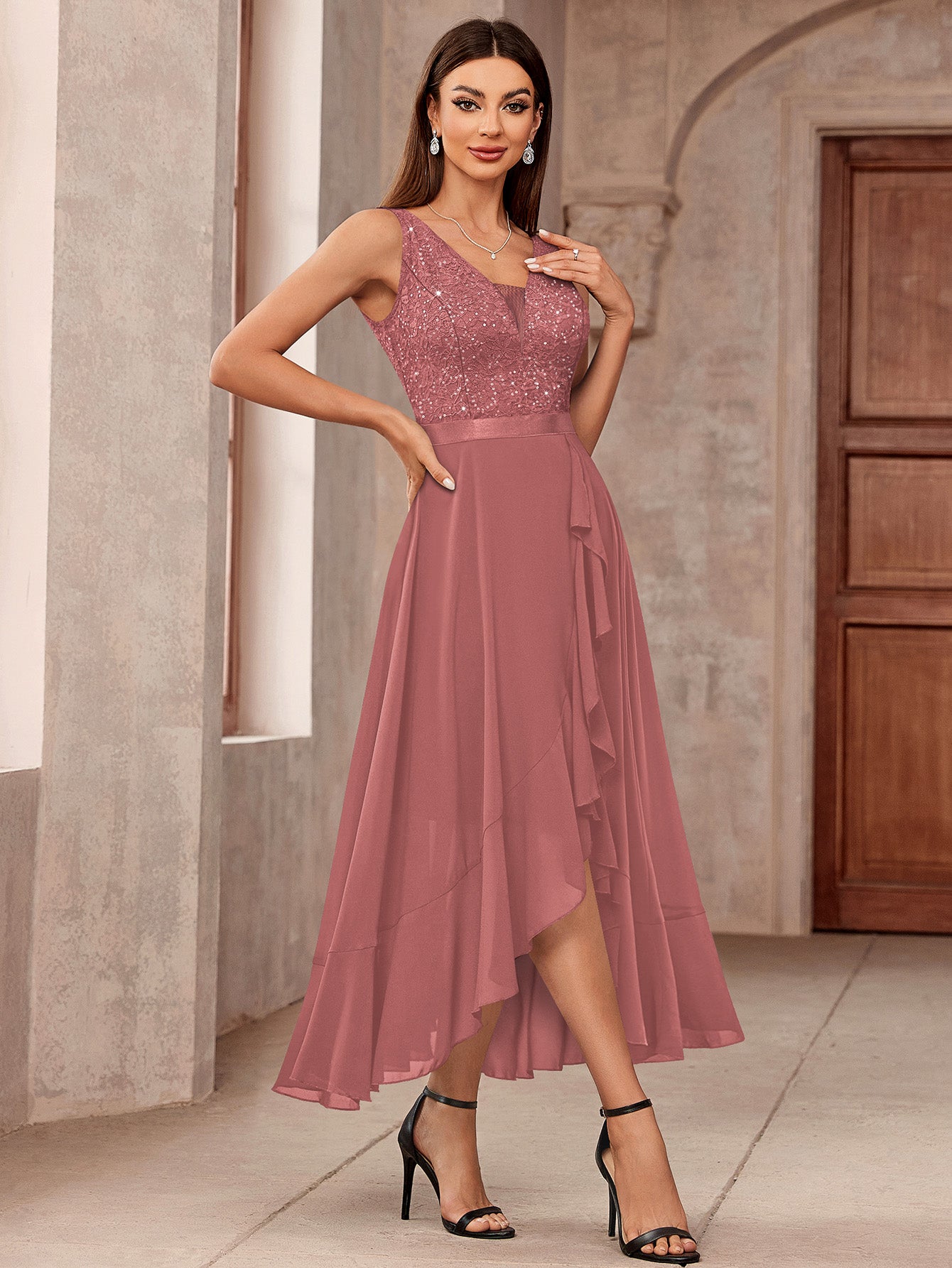 Sleeveless V-Neck Evening Party Dress with Sequined Floral Lace