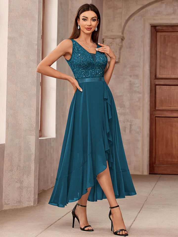 Sleeveless V-Neck Evening Party Dress with Sequined Floral Lace and Ru – Miusol