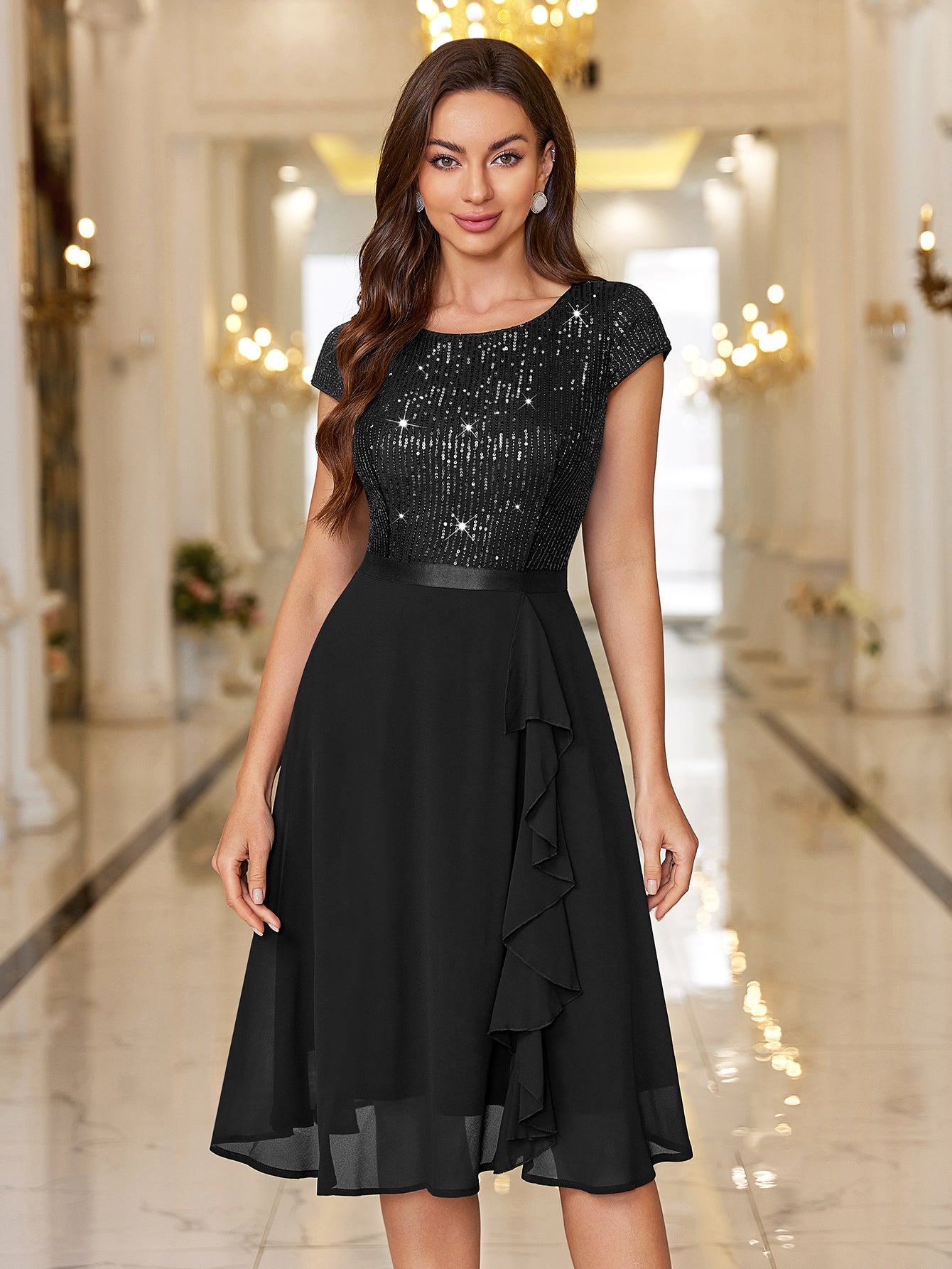 Sequin Lace Ruffle Trim Chiffon Cocktail Party Swing Dress for