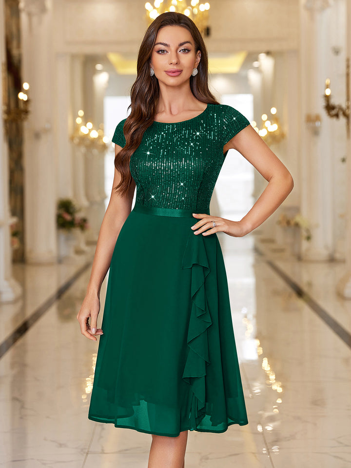 Sequin Lace Ruffle Trim Chiffon Cocktail Party Swing Dress for Wedding Miusol Sequin Lace Ruffle Trim Chiffon Cocktail Party Swing Dress for Wedding Miusol