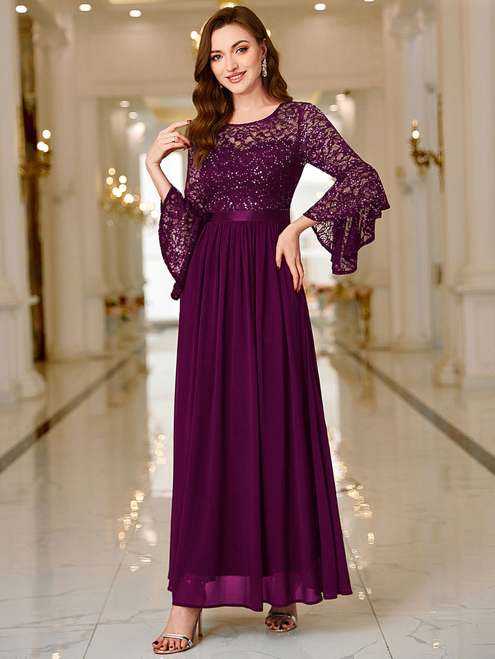 Floral Lace Sequin Embellished 3/4 Flare Sleeve Evening Party Maxi Dre Miusol Floral Lace Sequin Embellished 3/4 Flare Sleeve Evening Party Maxi Dre Miusol
