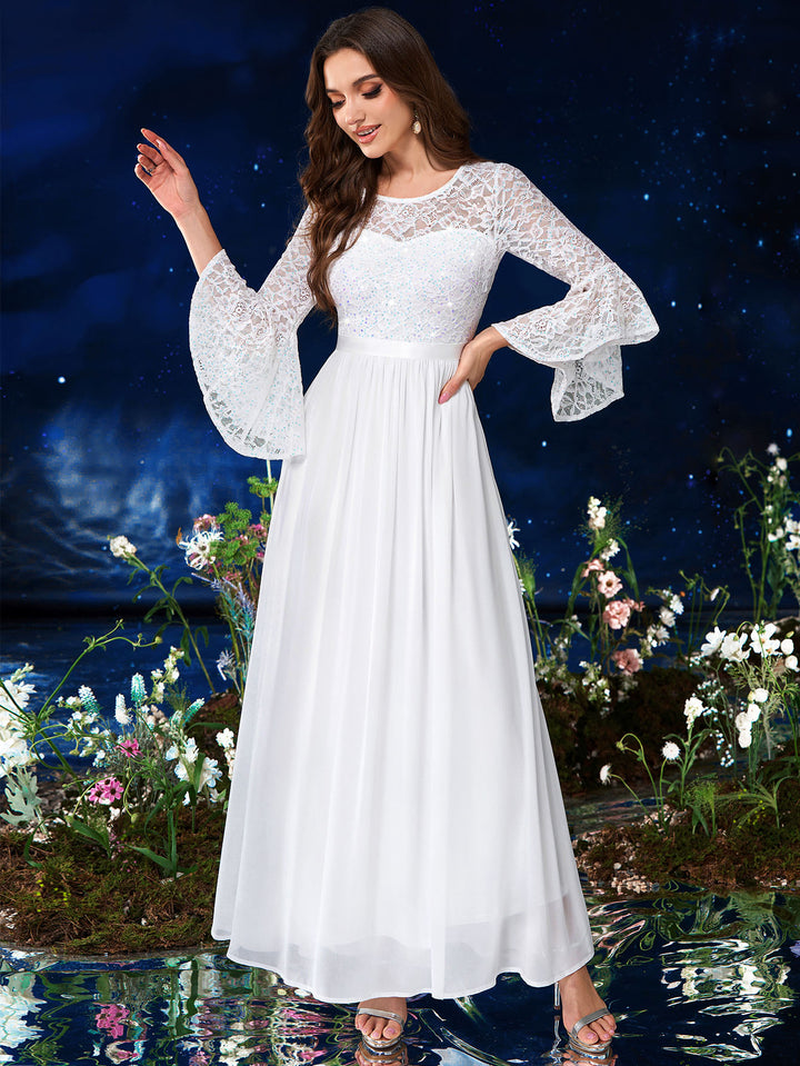 Floral Lace Sequin Embellished 3/4 Flare Sleeve Evening Party Maxi Dre Miusol Floral Lace Sequin Embellished 3/4 Flare Sleeve Evening Party Maxi Dre Miusol