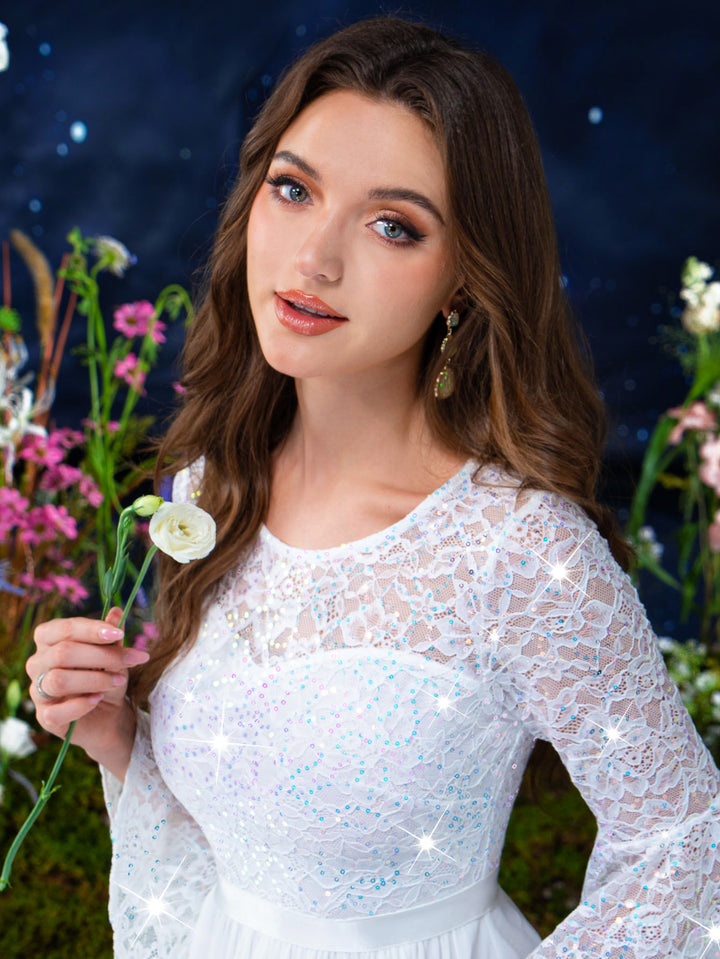 Floral Lace Sequin Embellished 3/4 Flare Sleeve Evening Party Maxi Dre Miusol Floral Lace Sequin Embellished 3/4 Flare Sleeve Evening Party Maxi Dre Miusol