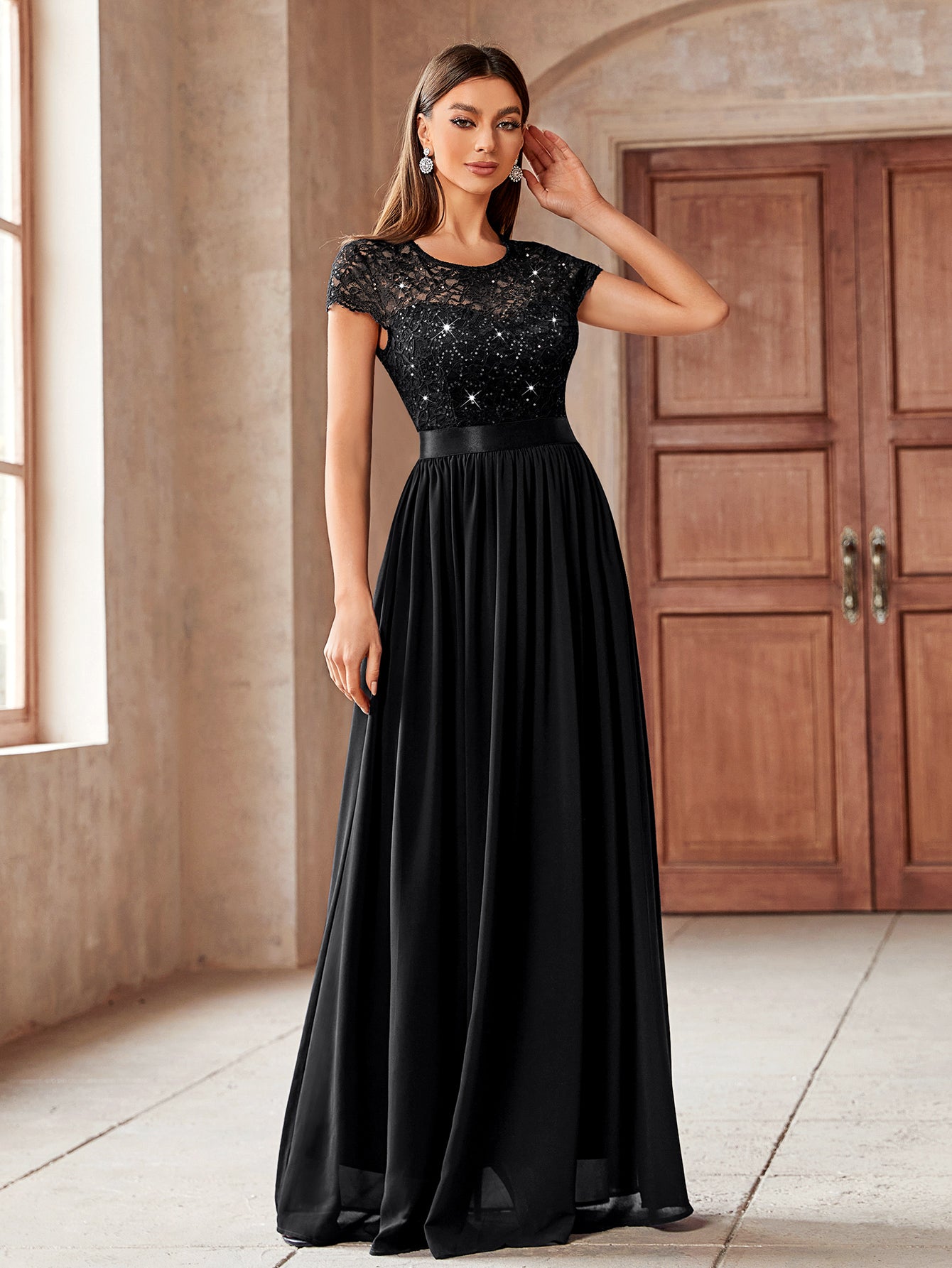 Elegant Sequin Floral Lace and Chiffon Pleated Hem Evening Party