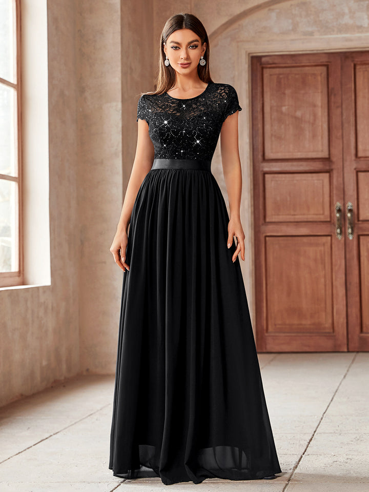 Elegant Sequin Floral Lace and Chiffon Pleated Hem Evening Party Maxi Miusol Elegant Sequin Floral Lace and Chiffon Pleated Hem Evening Party Maxi Miusol