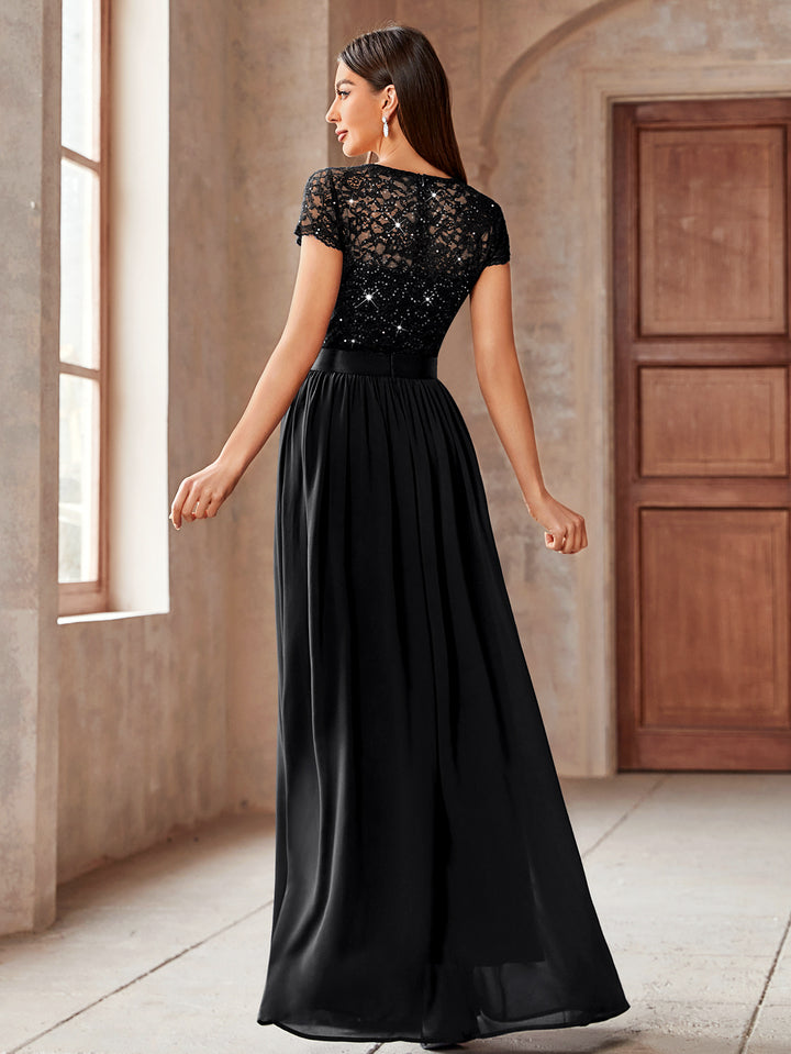 Elegant Sequin Floral Lace and Chiffon Pleated Hem Evening Party Maxi Miusol Elegant Sequin Floral Lace and Chiffon Pleated Hem Evening Party Maxi Miusol