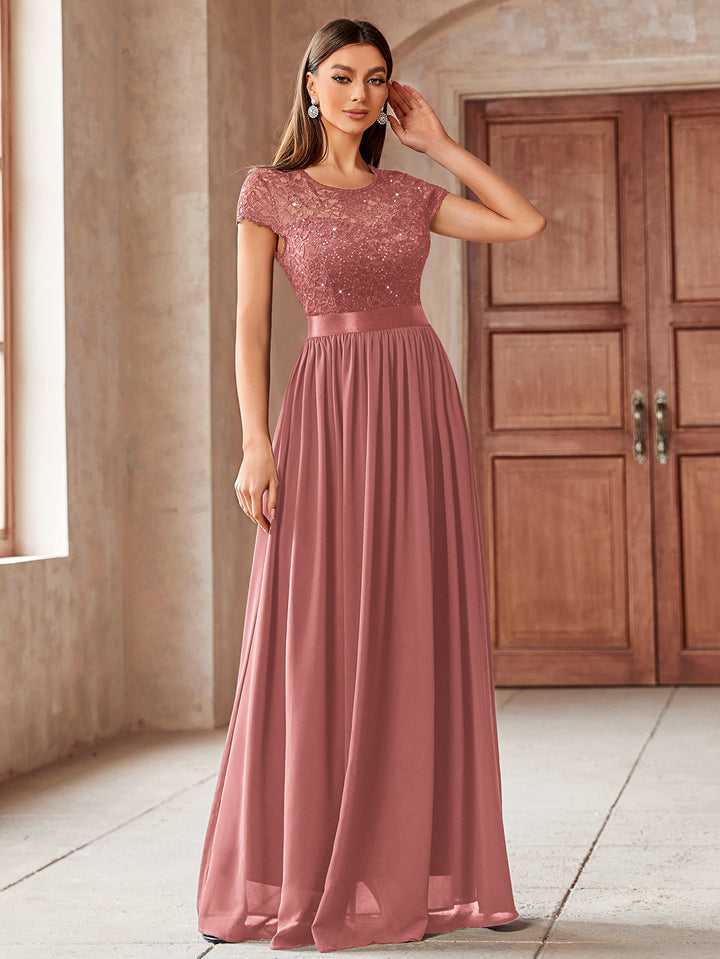 Elegant Sequin Floral Lace and Chiffon Pleated Hem Evening Party Maxi Miusol Elegant Sequin Floral Lace and Chiffon Pleated Hem Evening Party Maxi Miusol