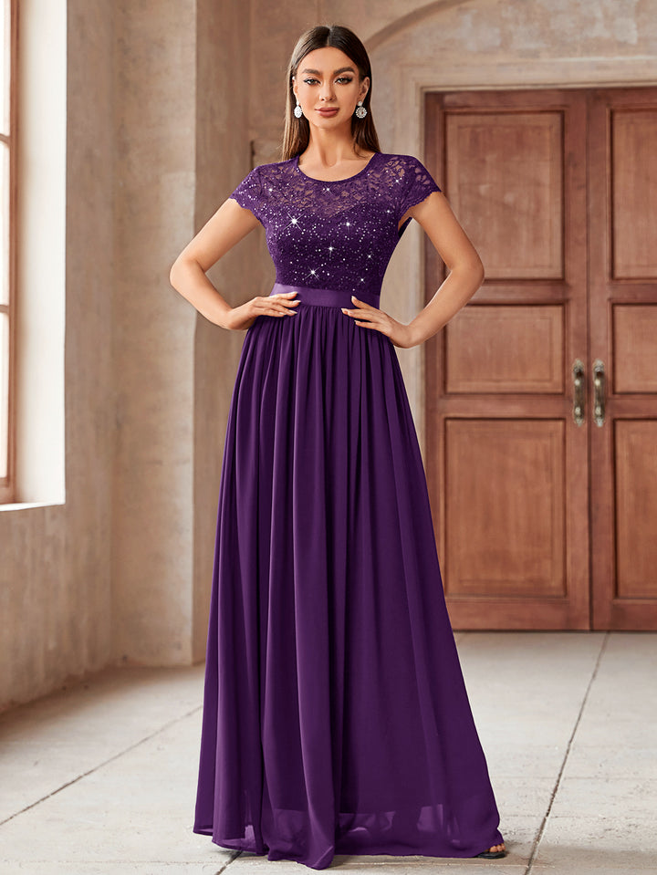Elegant Sequin Floral Lace and Chiffon Pleated Hem Evening Party Maxi Miusol Elegant Sequin Floral Lace and Chiffon Pleated Hem Evening Party Maxi Miusol