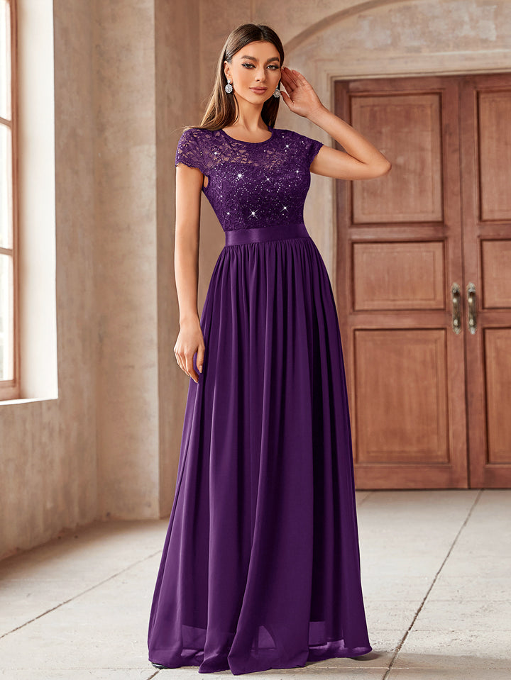 Elegant Sequin Floral Lace and Chiffon Pleated Hem Evening Party Maxi Miusol Elegant Sequin Floral Lace and Chiffon Pleated Hem Evening Party Maxi Miusol