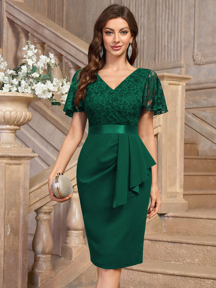 Floral Lace V-Neck Ruffle Cocktail Dress with Butterfly Sleeves – Miusol