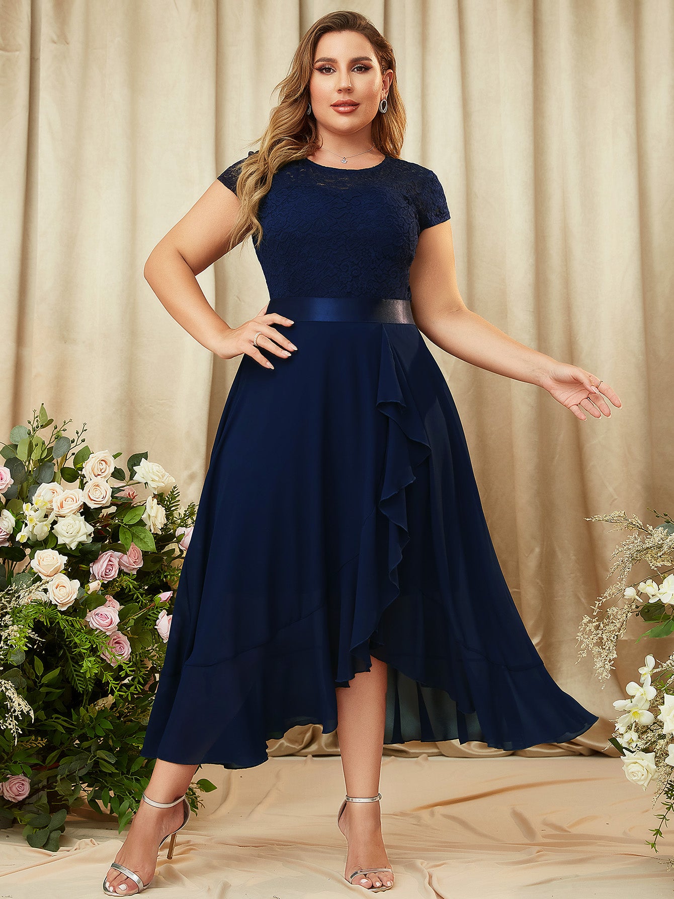 Plus Size Ruffle Floral Lace Contrast Chiffon Formal Bridesmaid