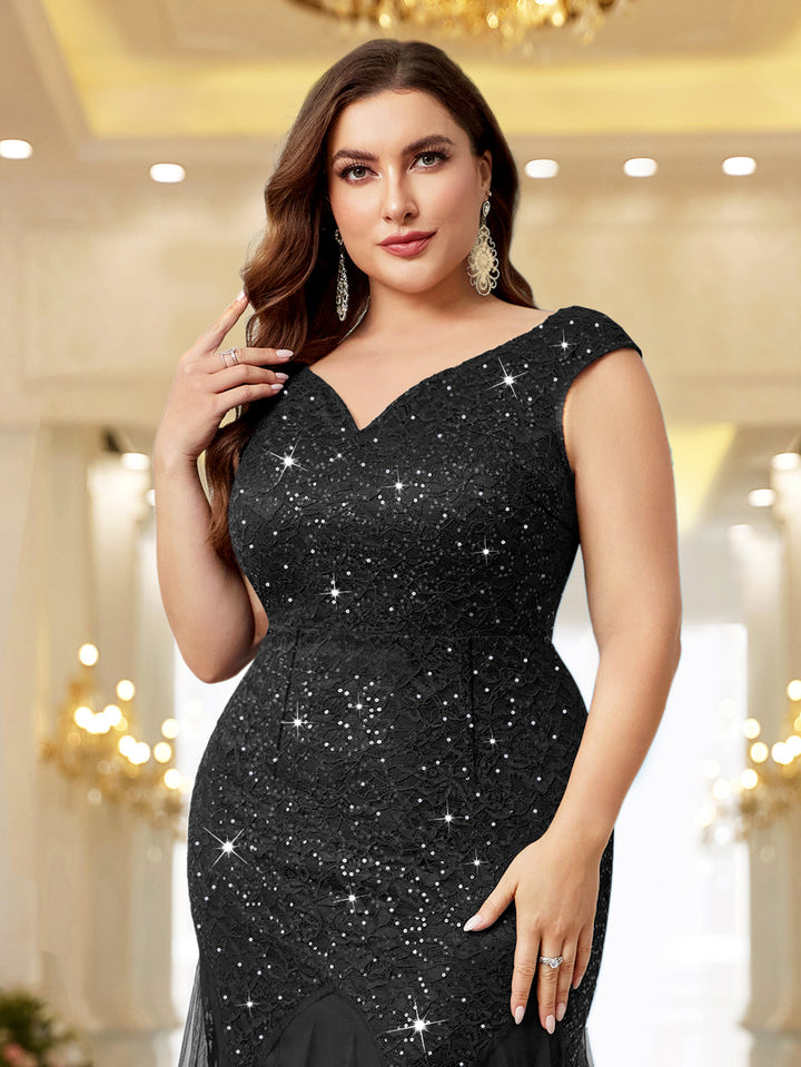 Plus Size Sequin Lace Mermaid Maxi Dress, Sleeveless V-Neck for Formal Miusol Plus Size Sequin Lace Mermaid Maxi Dress, Sleeveless V-Neck for Formal Miusol