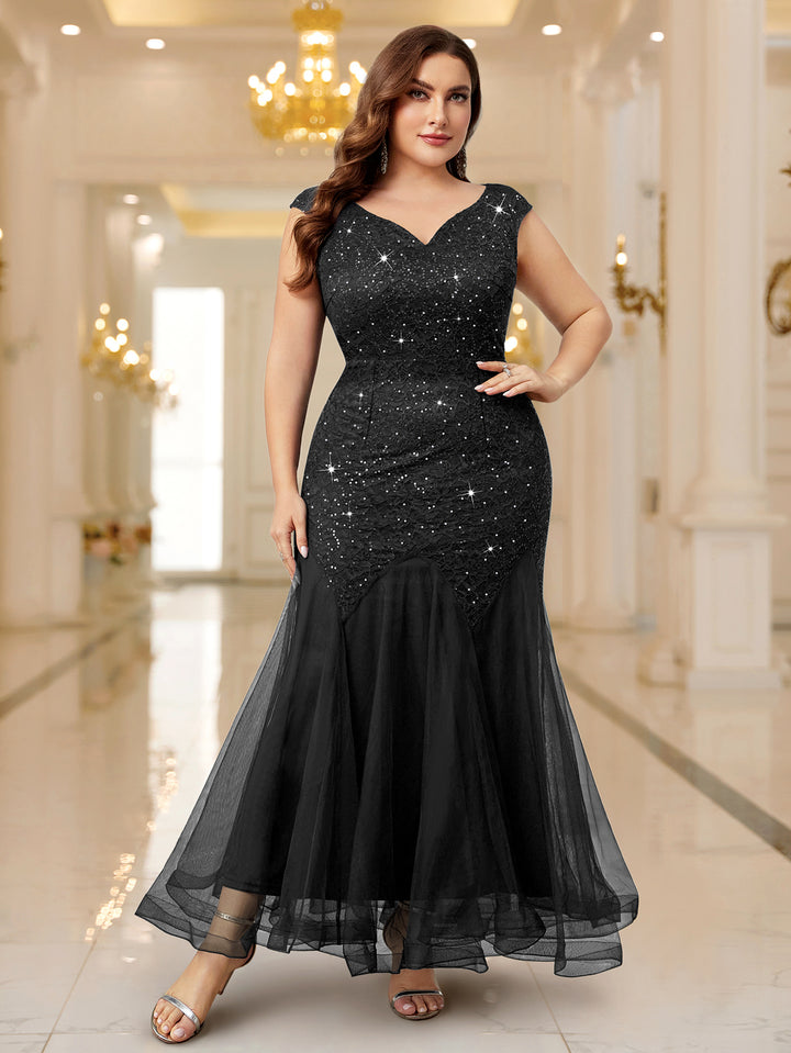 black sequin maxi dress plus size Plus Size V-Neck Black Sequin Dress PXJ1461