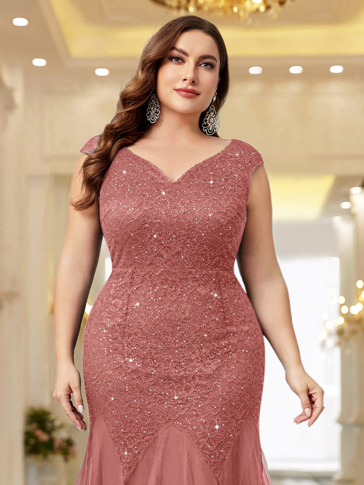Plus Size Sequin Lace Mermaid Maxi Dress, Sleeveless V-Neck for Formal Miusol Plus Size Sequin Lace Mermaid Maxi Dress, Sleeveless V-Neck for Formal Miusol