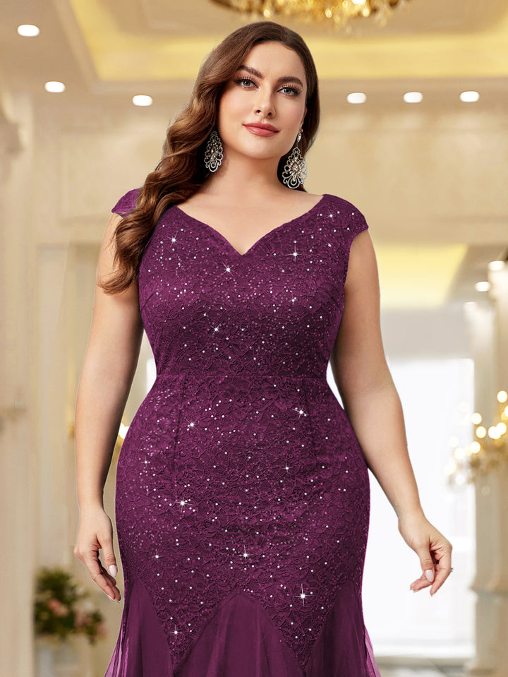 Plus Size Sequin Lace Mermaid Maxi Dress, Sleeveless V-Neck for Formal Miusol Plus Size Sequin Lace Mermaid Maxi Dress, Sleeveless V-Neck for Formal Miusol