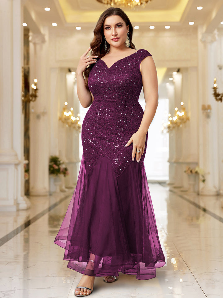 purple sequin dress plus size Plus Size Sequin Lace Mermaid Maxi Dress, Sleeveless V-Neck for Formal – Miusol