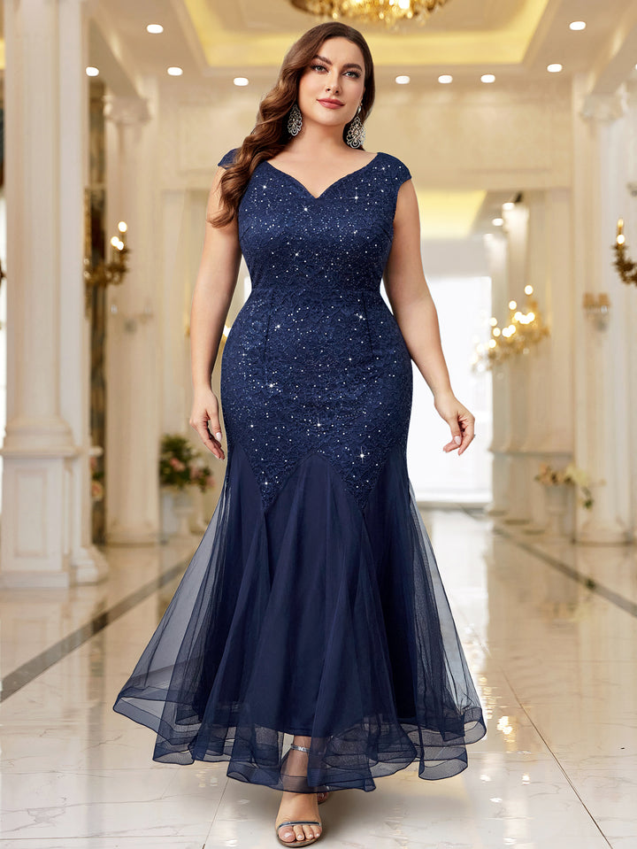 Plus Size Sequin Lace Mermaid Maxi Dress, Sleeveless V-Neck for Formal – Miusol Plus Size Sequin Lace Mermaid Maxi Dress, Sleeveless V-Neck for Formal – Miusol