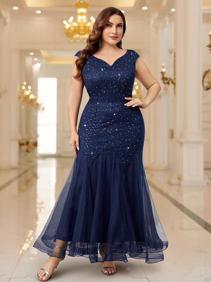 Plus Size Sequin Lace Mermaid Maxi Dress, Sleeveless V-Neck for Formal – Miusol Plus Size Sequin Lace Mermaid Maxi Dress, Sleeveless V-Neck for Formal – Miusol