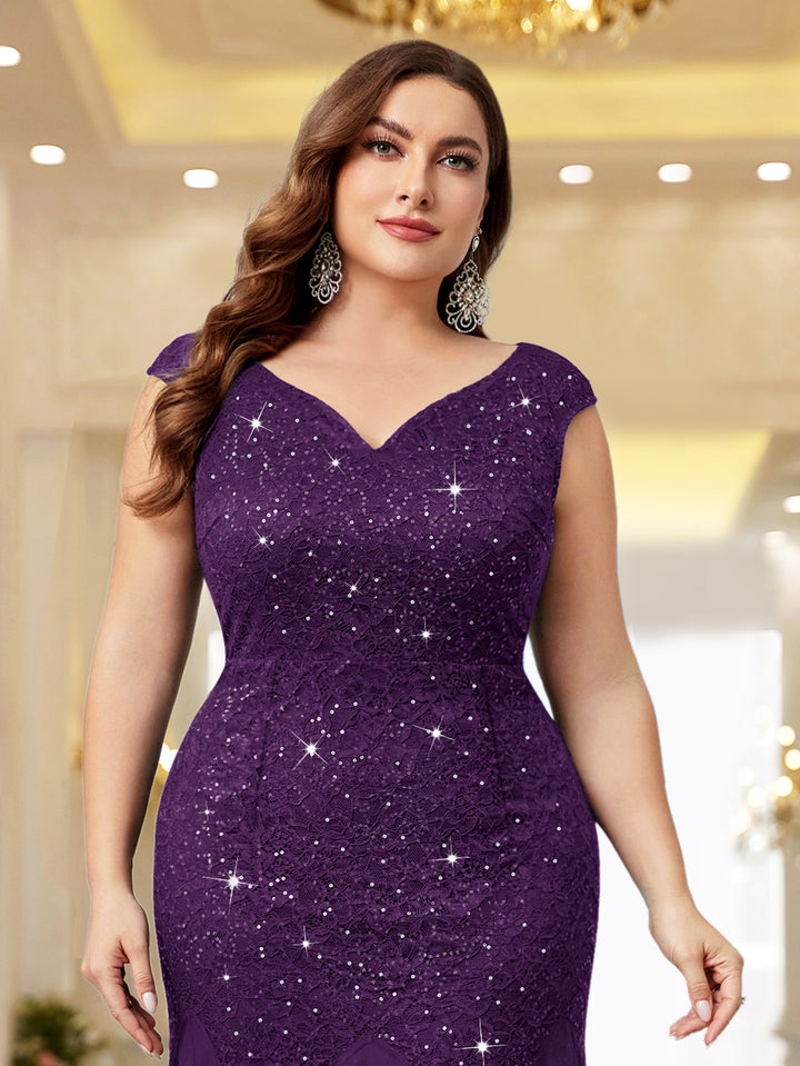 Plus Size Sequin Lace Mermaid Maxi Dress, Sleeveless V-Neck for Formal – Miusol Plus Size Sequin Lace Mermaid Maxi Dress, Sleeveless V-Neck for Formal – Miusol