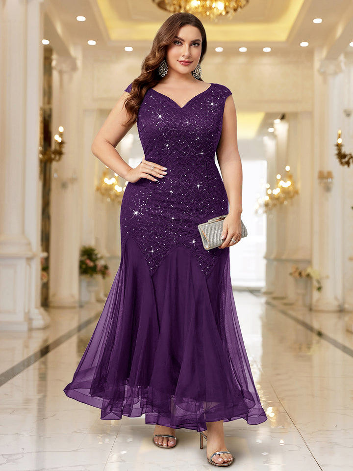 Plus Size Sequin Lace Mermaid Maxi Dress, Sleeveless V-Neck for Formal – Miusol