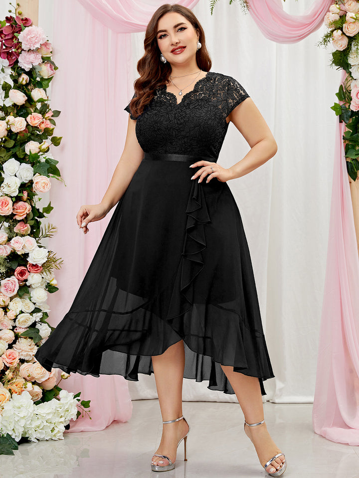 Plus Size V-Neck Floral Lace Bridesmaid Maxi Dress, Ruffle Design for Miusol Plus Size V-Neck Floral Lace Bridesmaid Maxi Dress, Ruffle Design for Miusol